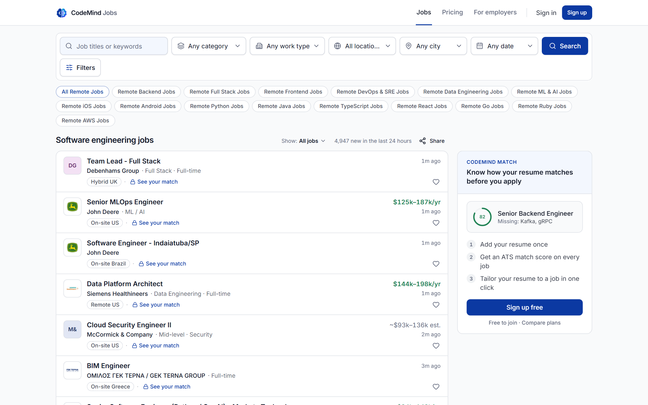 CodeMind Jobs job board with filters, salary estimates and a resume match panel